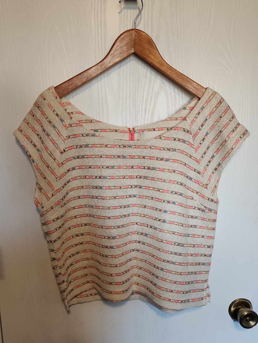 J.O.A. Cream Knit Striped Crop Top with Coral and Multicolor Accents